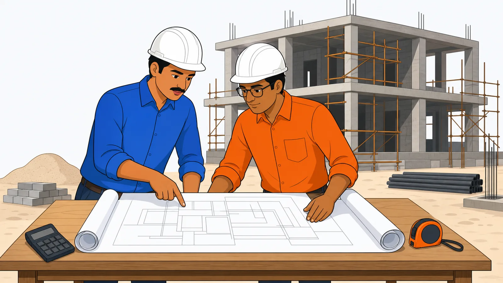 Illustration of an Indian residential construction site with engineers reviewing drawings
