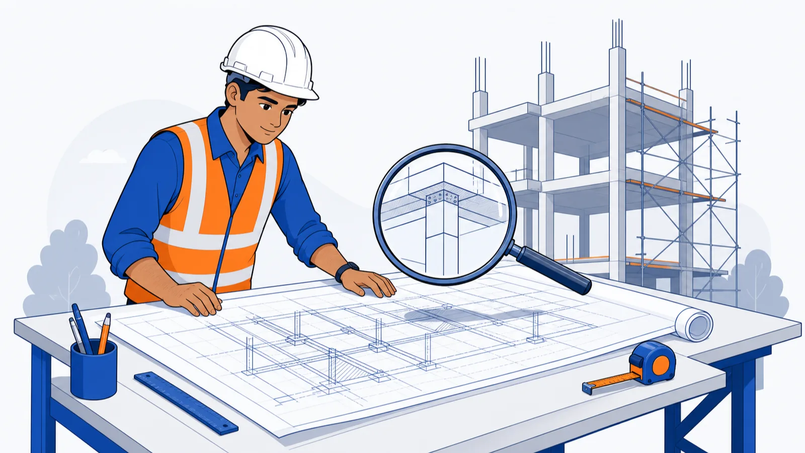 Engineer reading a structural drawing at a site table