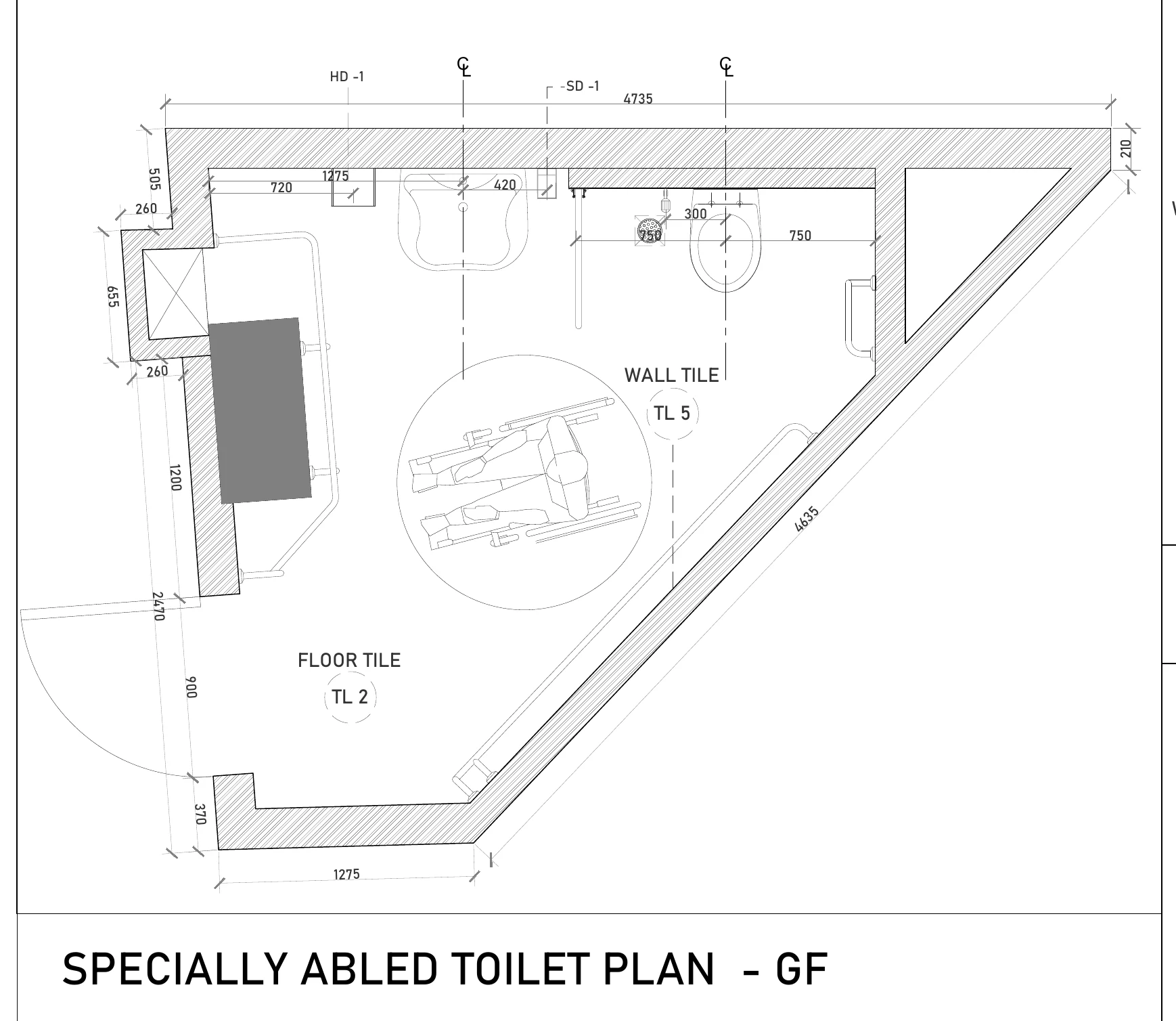 Enlarged accessible-toilet detail, Project A (nine-storey commercial tower)