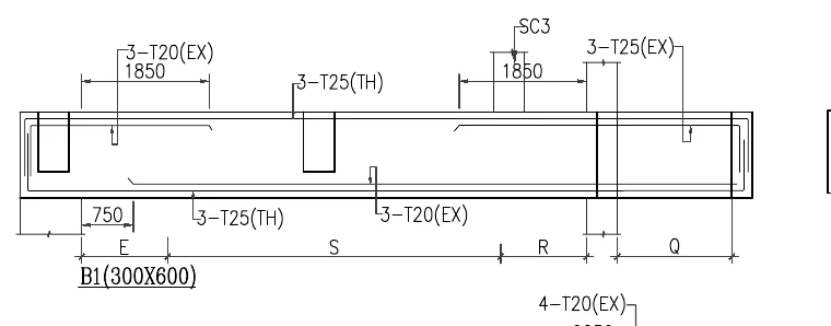 Beam elevation B1 (300X600) with through and extra bar callouts — Project A