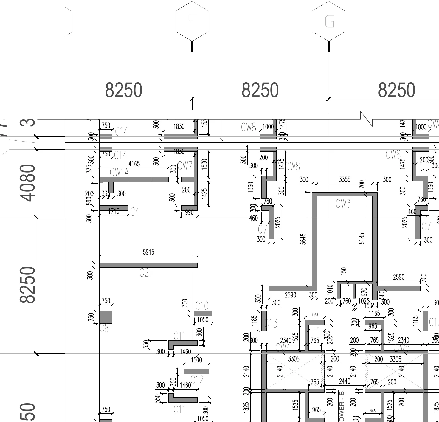 Column and core-wall setting-out quadrant, Project B (multi-tower residential)