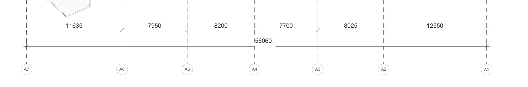 Basement grid strip with chained dimensions, Project A (nine-storey commercial tower)