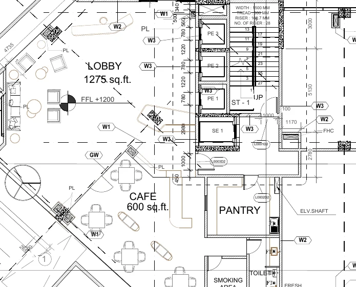 Ground-floor lobby and cafe with area statements - Project A