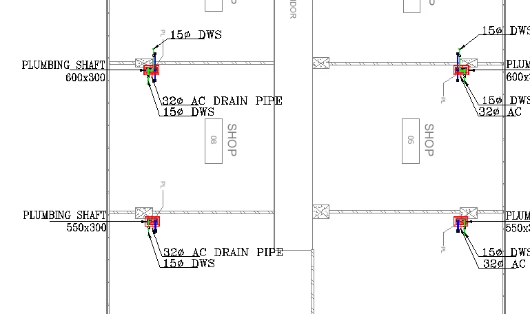 Plumbing shaft callouts on a shop-floor plan — Project A
