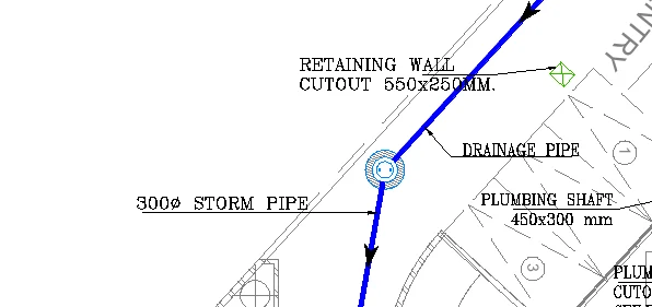 Retaining-wall service cutout on the plumbing layout — Project A, nine-storey commercial tower