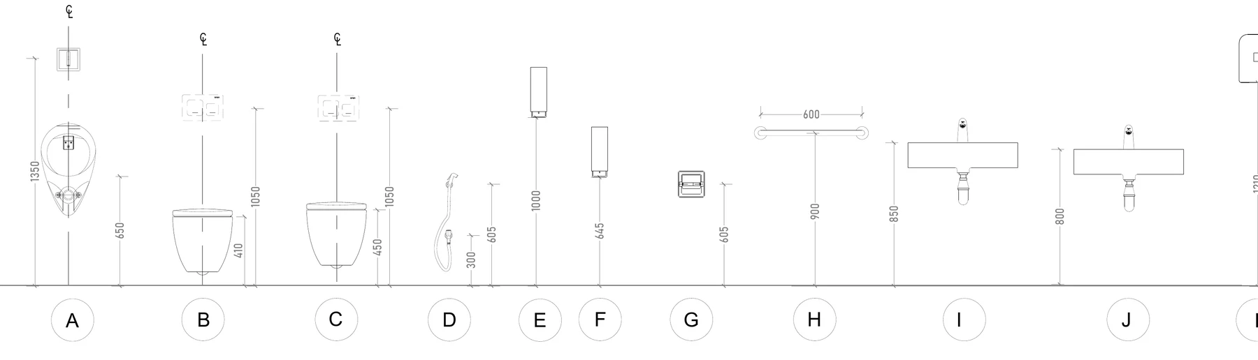 Sanitary fixture mounting-height elevation, Project A (nine-storey commercial tower)