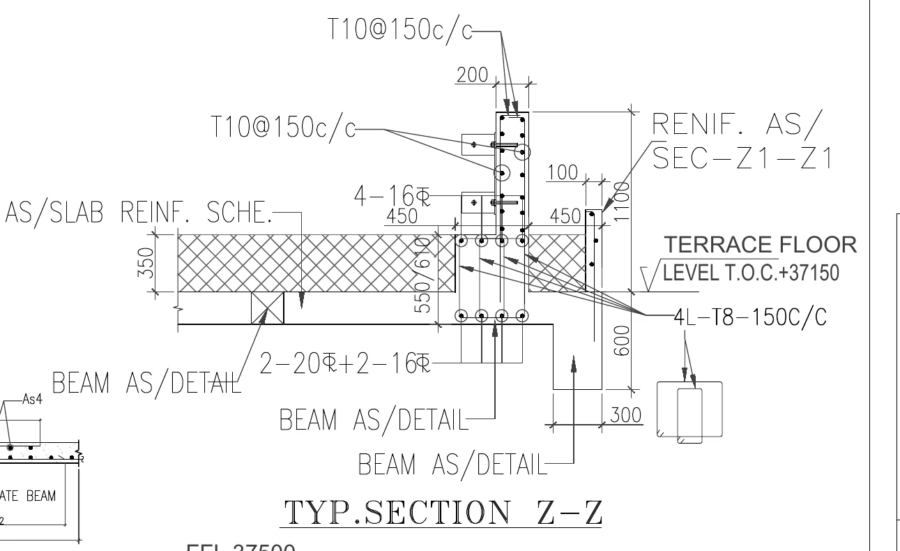 TYP. SECTION Z-Z — slab, beam and upstand at the terrace edge