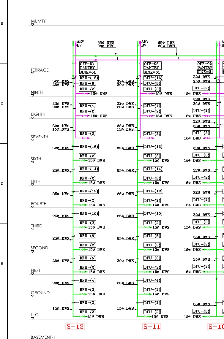 Domestic water riser schematic — Project A, nine-storey commercial tower