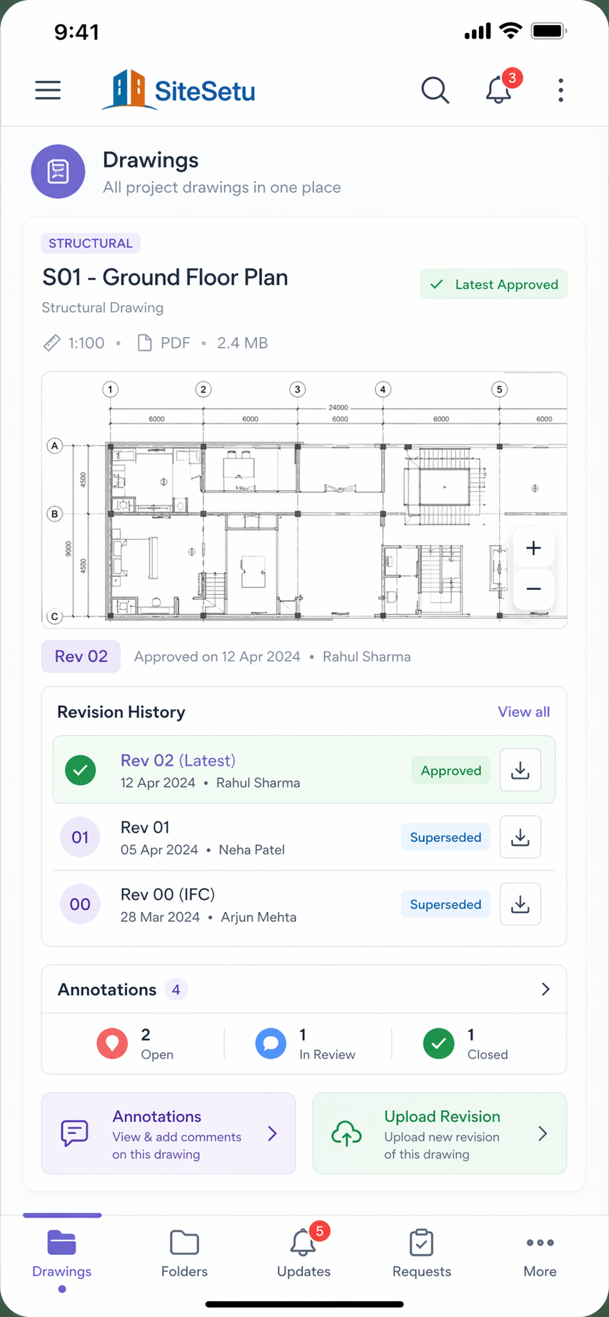 Site Setu drawing revisions mobile screenshot