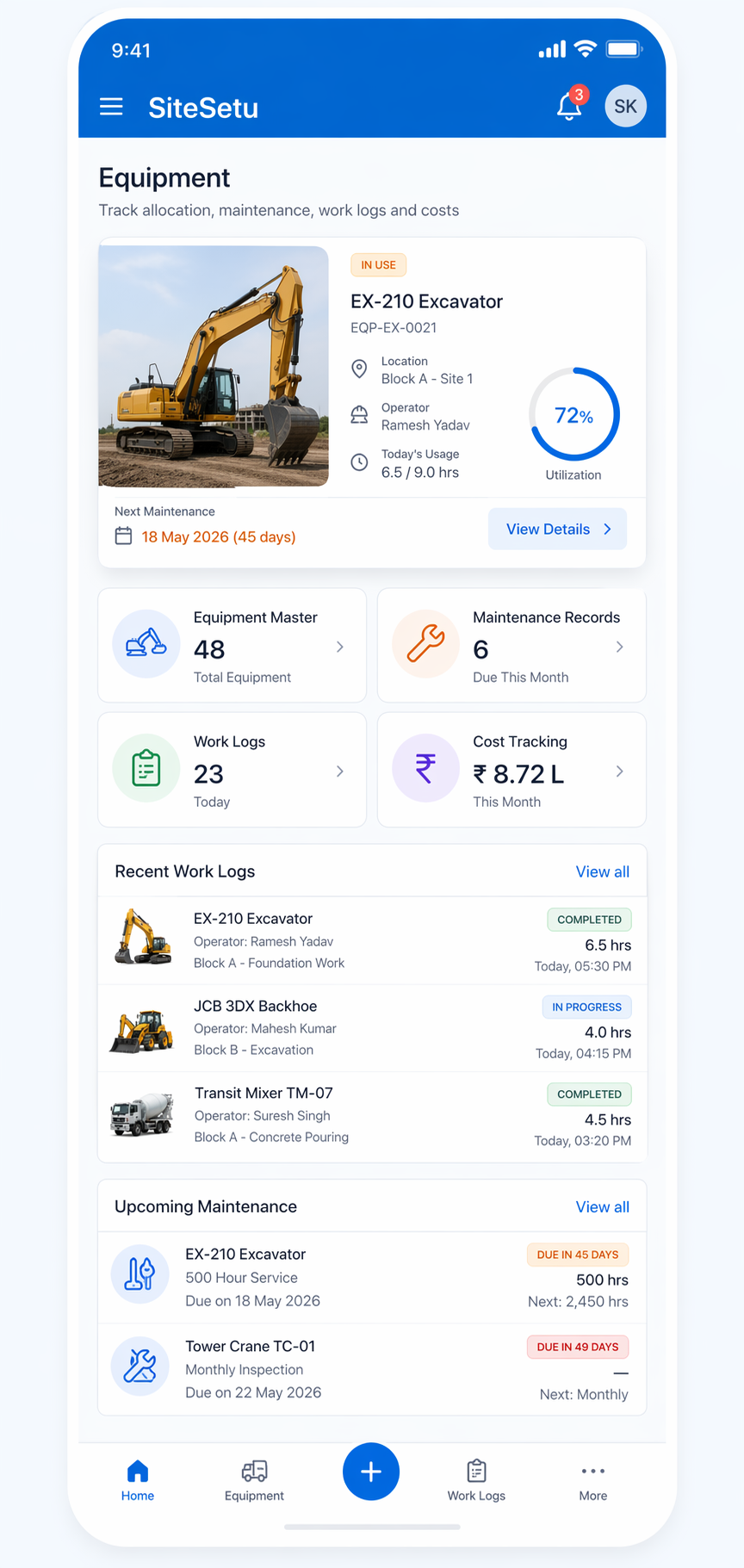 Site Setu equipment and work logs mobile screenshot