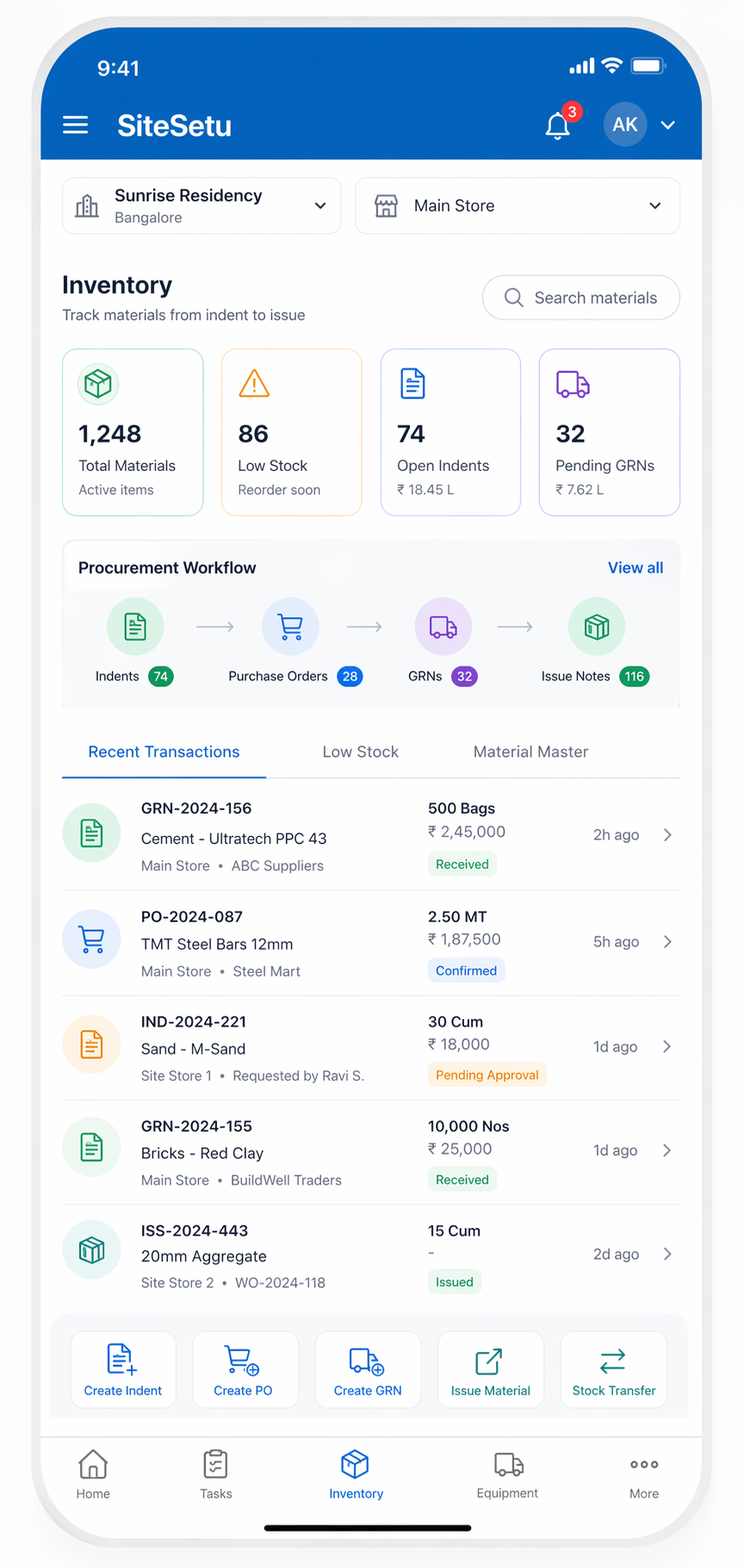 Site Setu inventory and procurement mobile screenshot