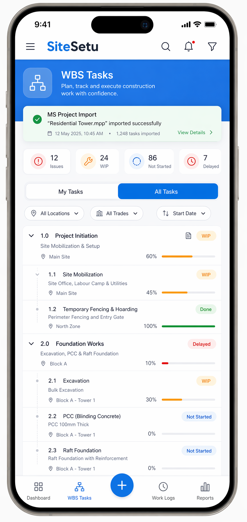 Site Setu WBS and MS Project import mobile screenshot
