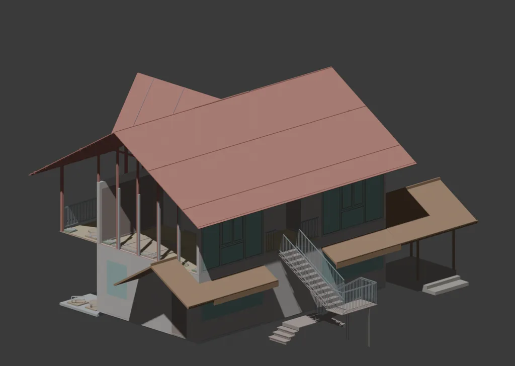 3D model of a cottage on piles with a pitched roof, external stair and verandas