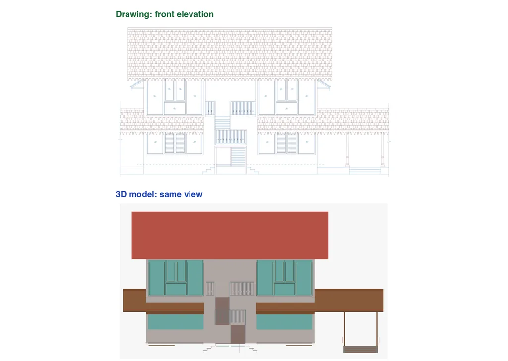 Front elevation drawing of a twin-room cottage above the same view of its 3D model