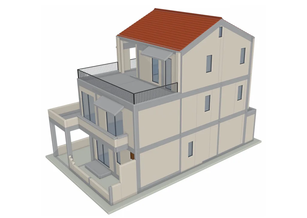 3D model of a G+2 villa with a pitched tiled roof, terrace railing and RCC frame