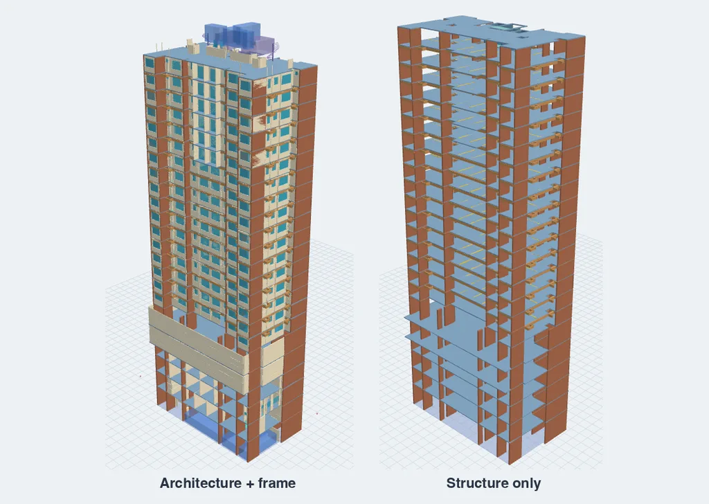 3D model of a basement plus ground plus 21 floor tower, shown with architecture and as structure only