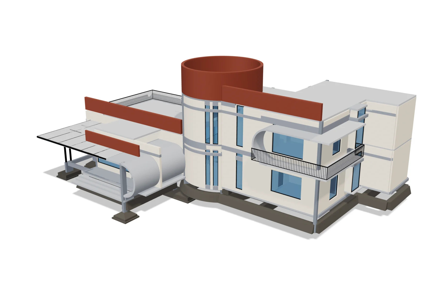 3D model of the same residence with foundations, curved stair tower and glazing