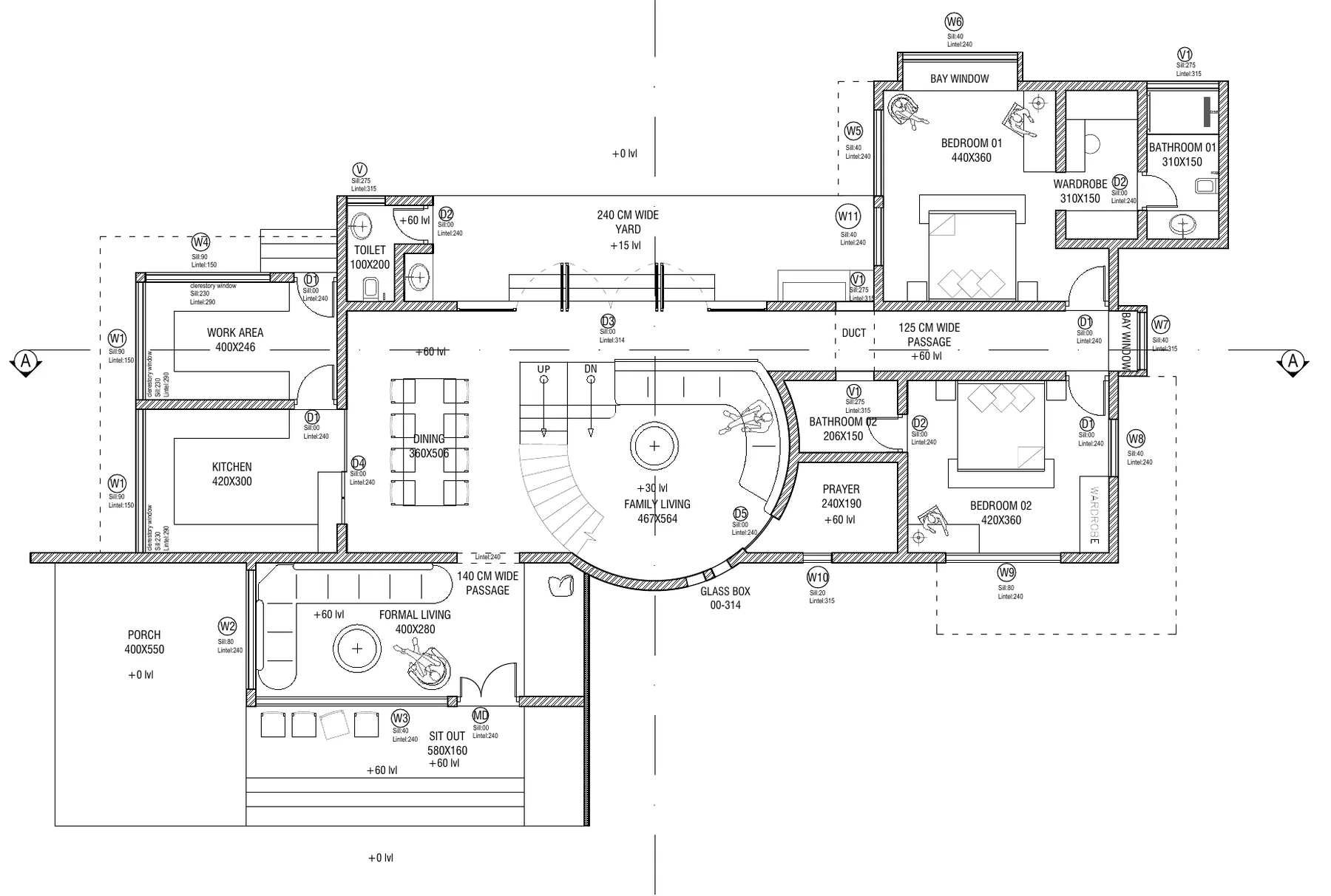 Ground floor plan of the G+1 residence with a curved stair core