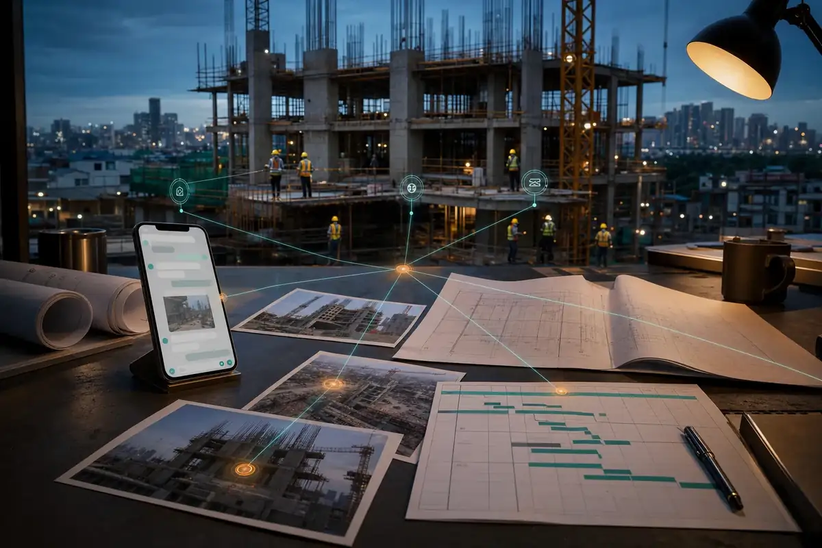 Construction messages, drawings, site photographs, and a schedule connected into one evidence trail for an Indian urban project.