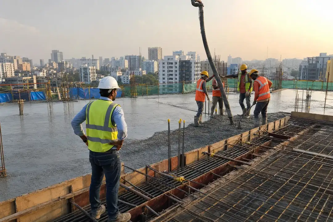 Site crew safely pouring part of a reinforced concrete slab on an Indian urban construction project.
