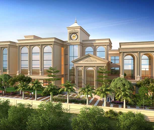 Artist render of a classical-style clubhouse with a clock tower at Casagrand FirstCity.