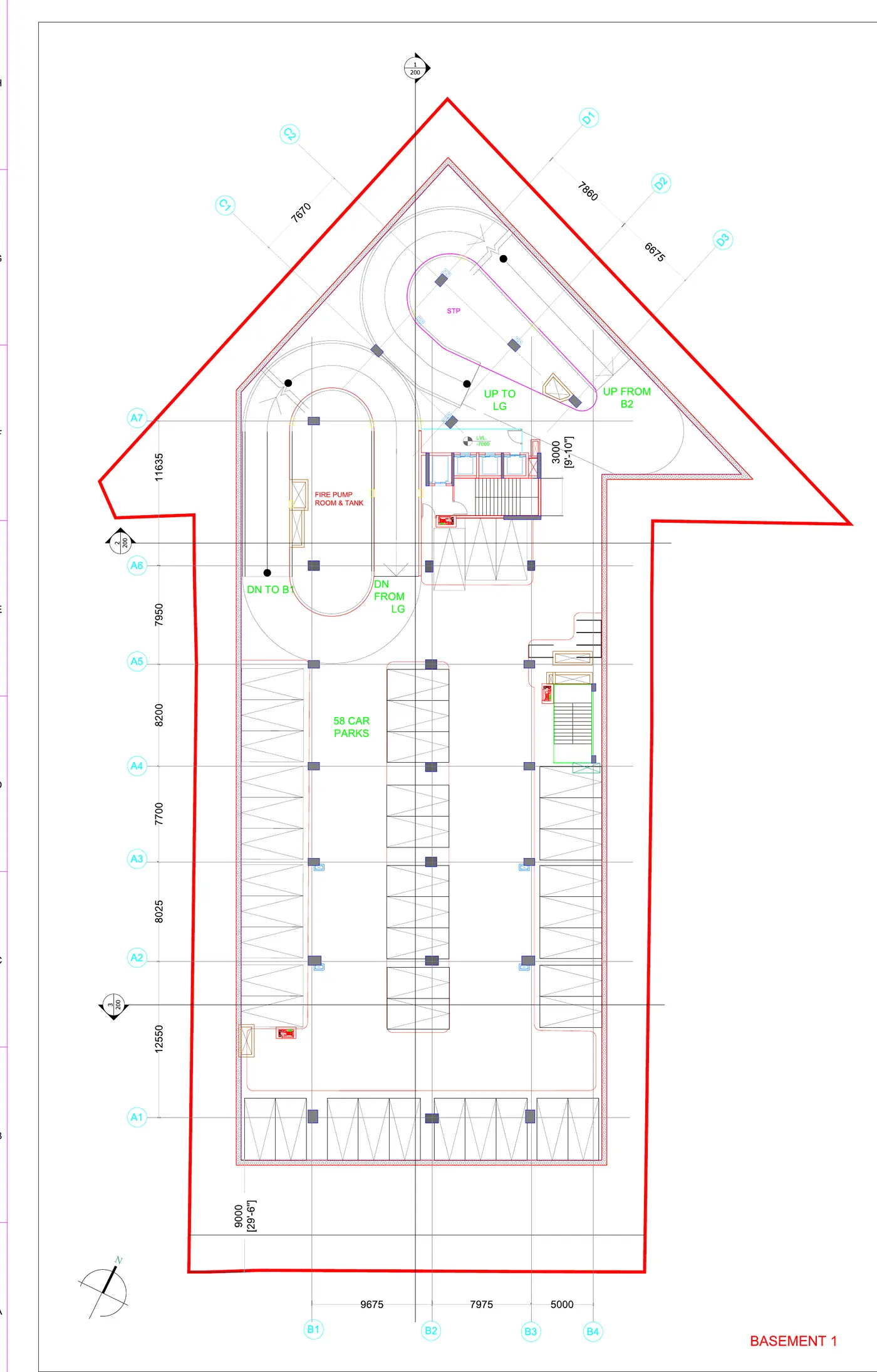 Basement-1 plan — car parks, ramps, cores, plant rooms