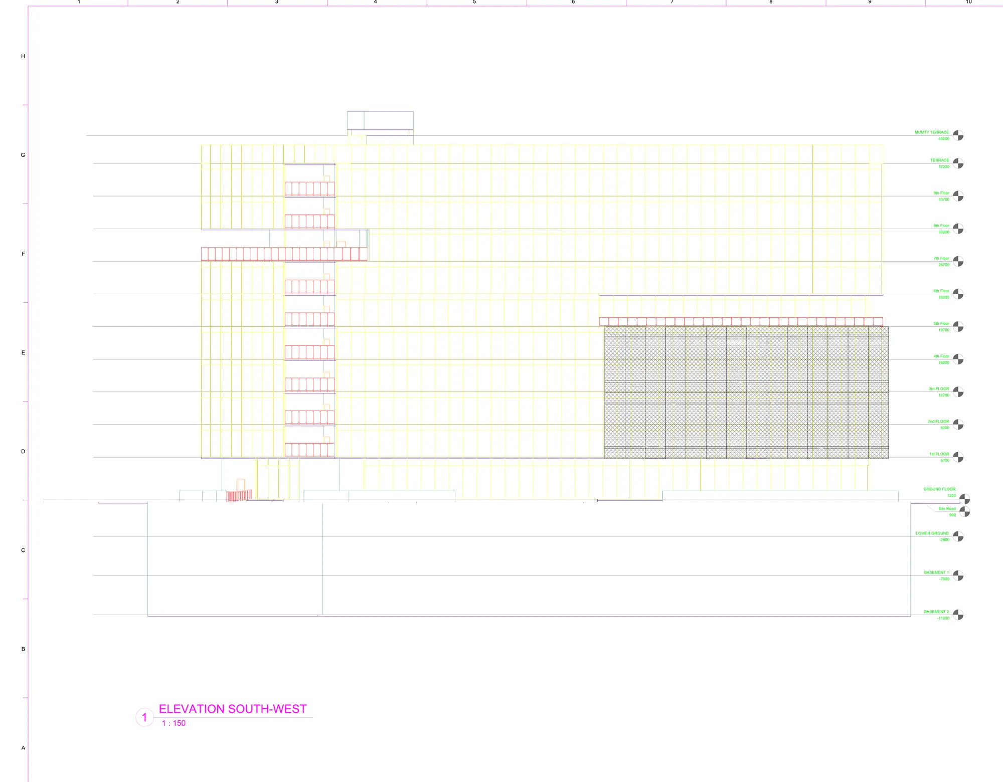 South-west elevation — B2 (−11.2 m) to terrace (+40.2 m)