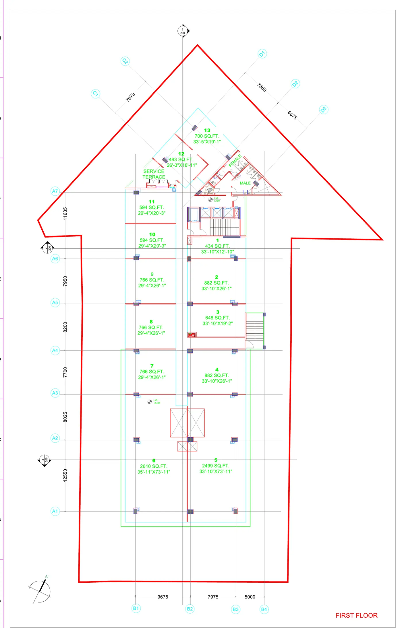 First-floor plan — 13 units, areas labelled per unit