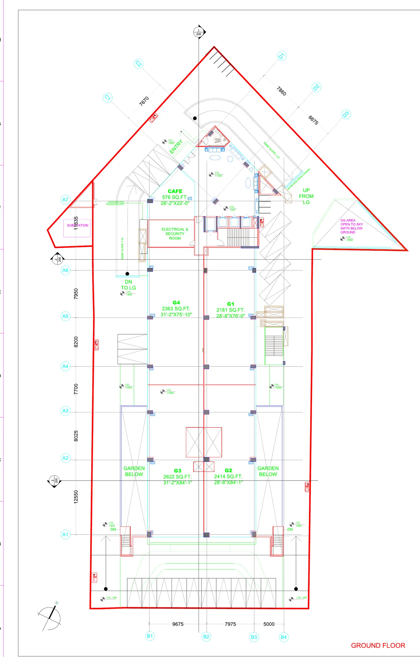 Ground-floor plan — retail units, gardens, entry ramps