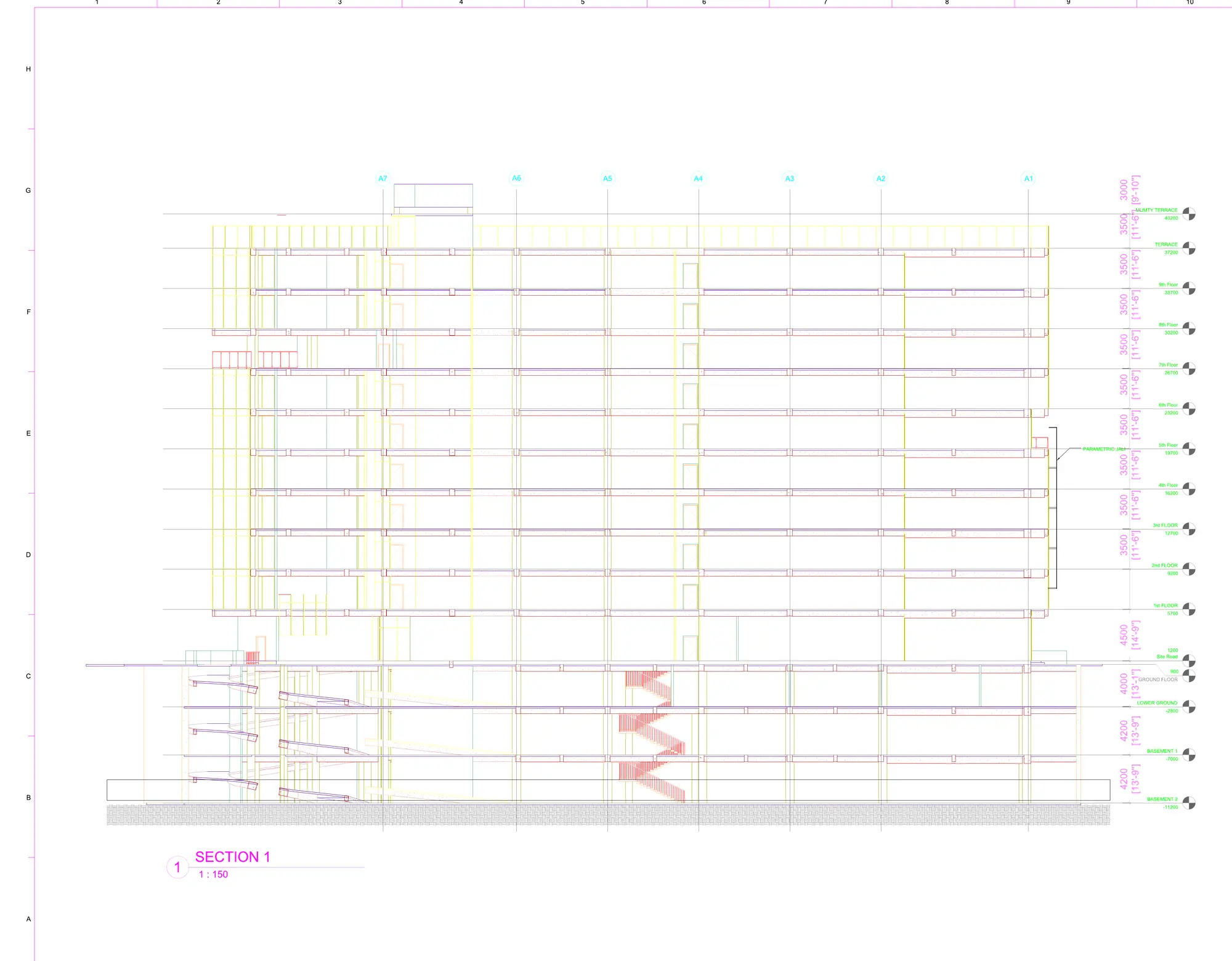 Section 1 — all floors B2 to mumty, stairs and ramps cut through