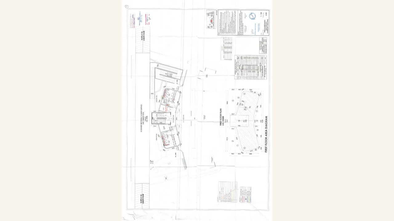 Rendered 1-page file visibly contains the labelled FIRST FLOOR PLAN & AREA DETAILS (COMMUNITY BUILDING) content and target GH-4/Ashiana Aaroham filing material.