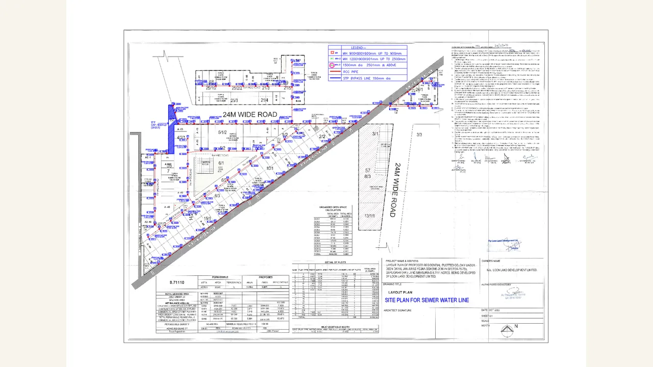 Sewer and water-line plan over the target colony layout