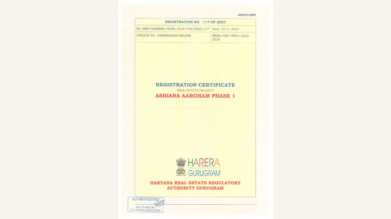Rendered eight-page certificate visibly identifies Ashiana Aaroham Phase 1, registration no. 117 of 2025, RERA-GRG-PROJ-2020-2025 and the Haryana authority.