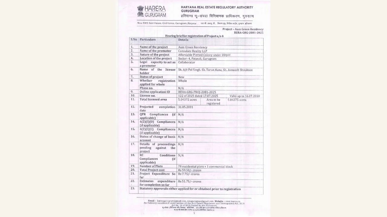 Hearing brief for registration of Project — visually reviewed for AUM GREEN RESIDENCY. Source-reviewed for AUM GREEN RESIDENCY.