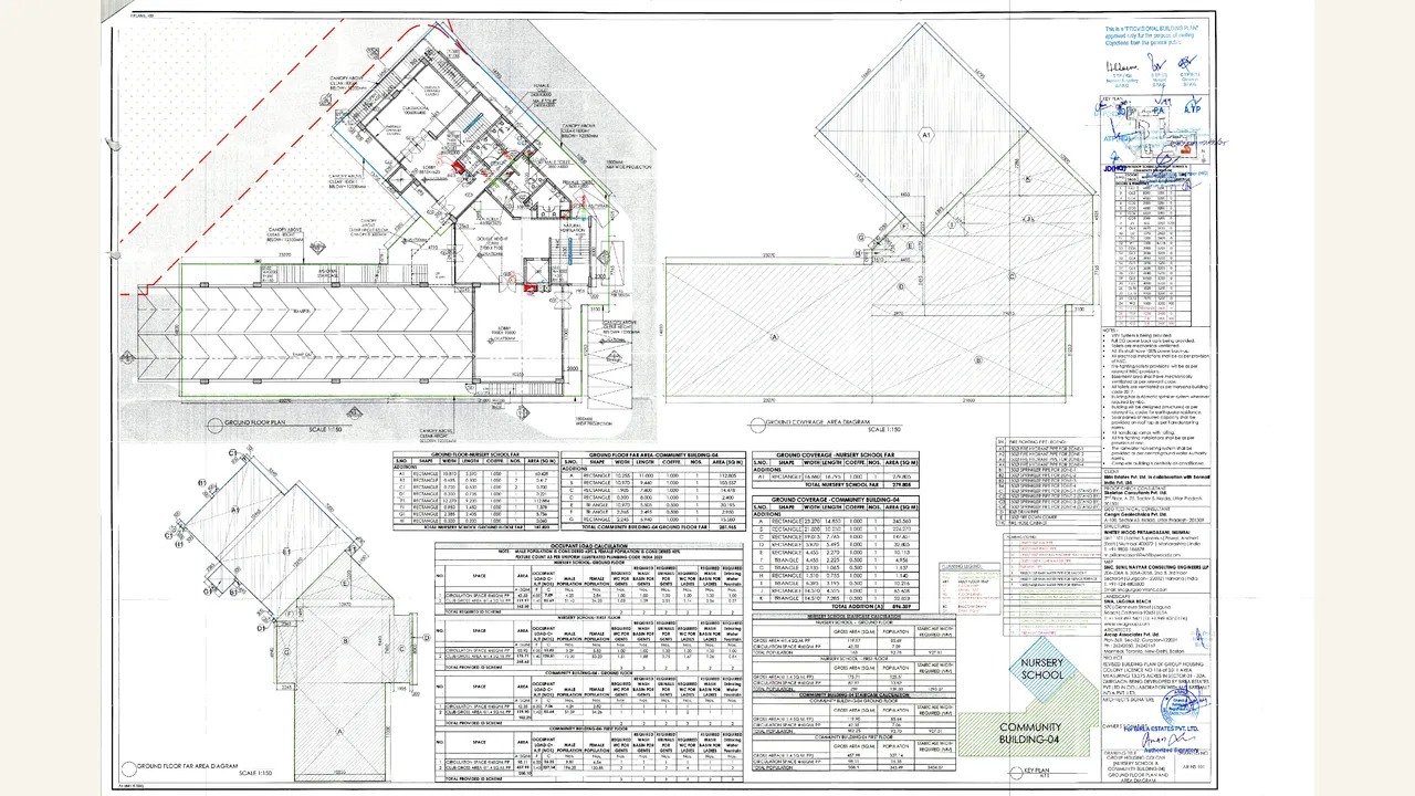 NURSERY SCHOOL, COMMUNITY BLDG 4, GROUND FLOOR PLAN AND AREA DIAGRAM drawing for Birla Arika Phase 2