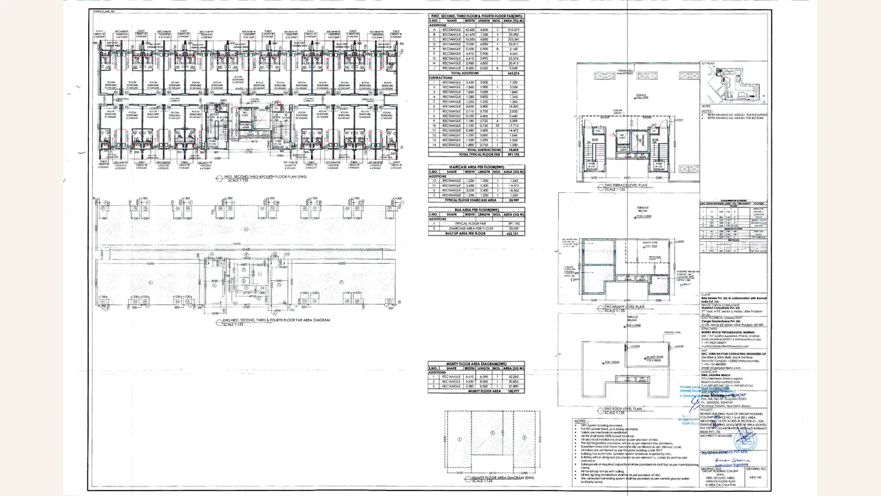 EWS FIRST, SECOND, THIRD TERRACE FLOOR PLAN AND AREA CALCULATION drawing for Birla Arika Phase 2
