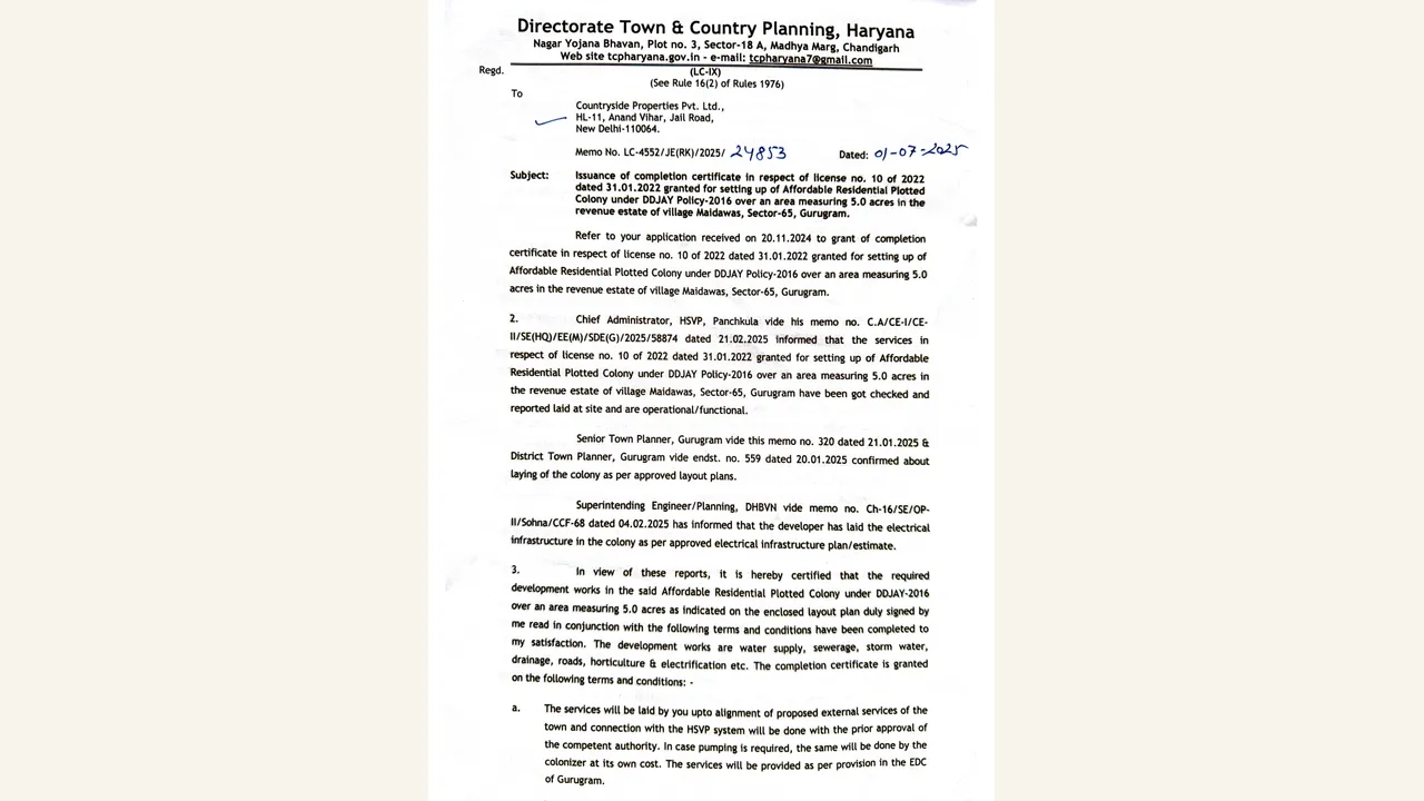 Directorate of Town \u0026 Country Planning, Haryana — Completion Certificate for Licence No. 10 of 2022 for COUNTRYSIDE RESIDENCES; Countryside Properties Private Limited; Village Maidawas, Sector 65, Gurugram
