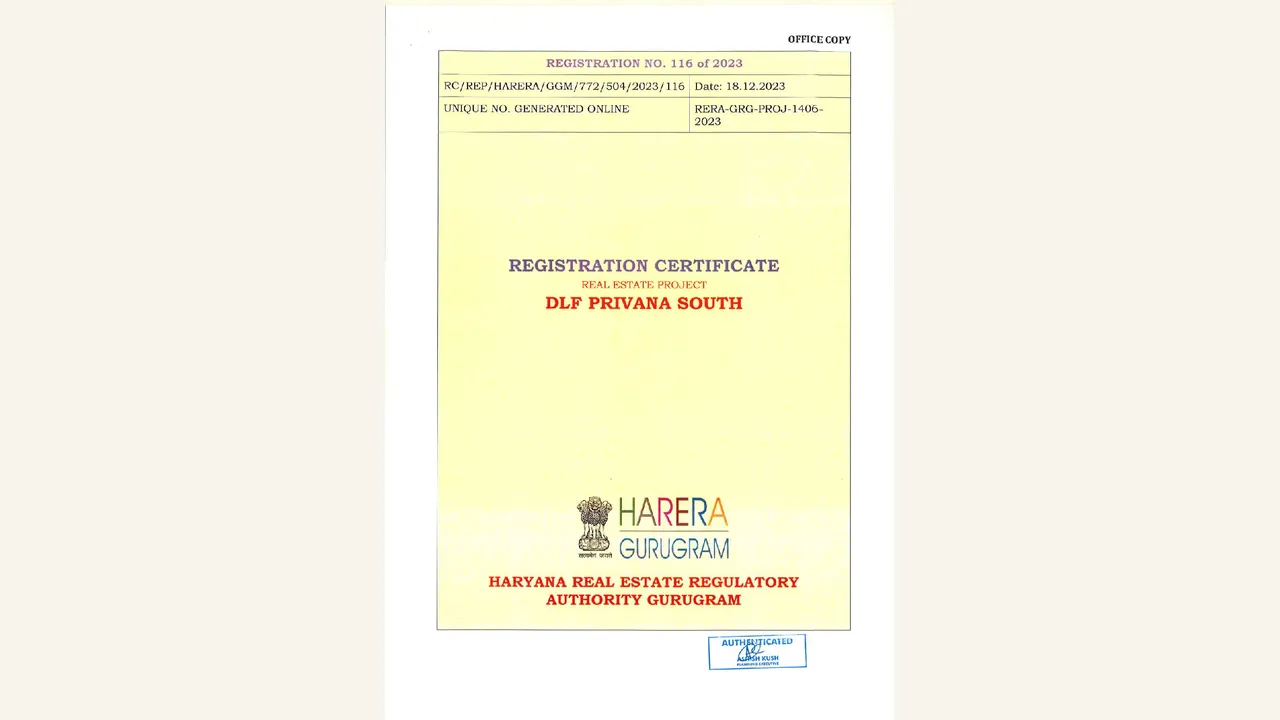 DLF PRIVANA SOUTH hrera registration certificate shown in the completed visual audit