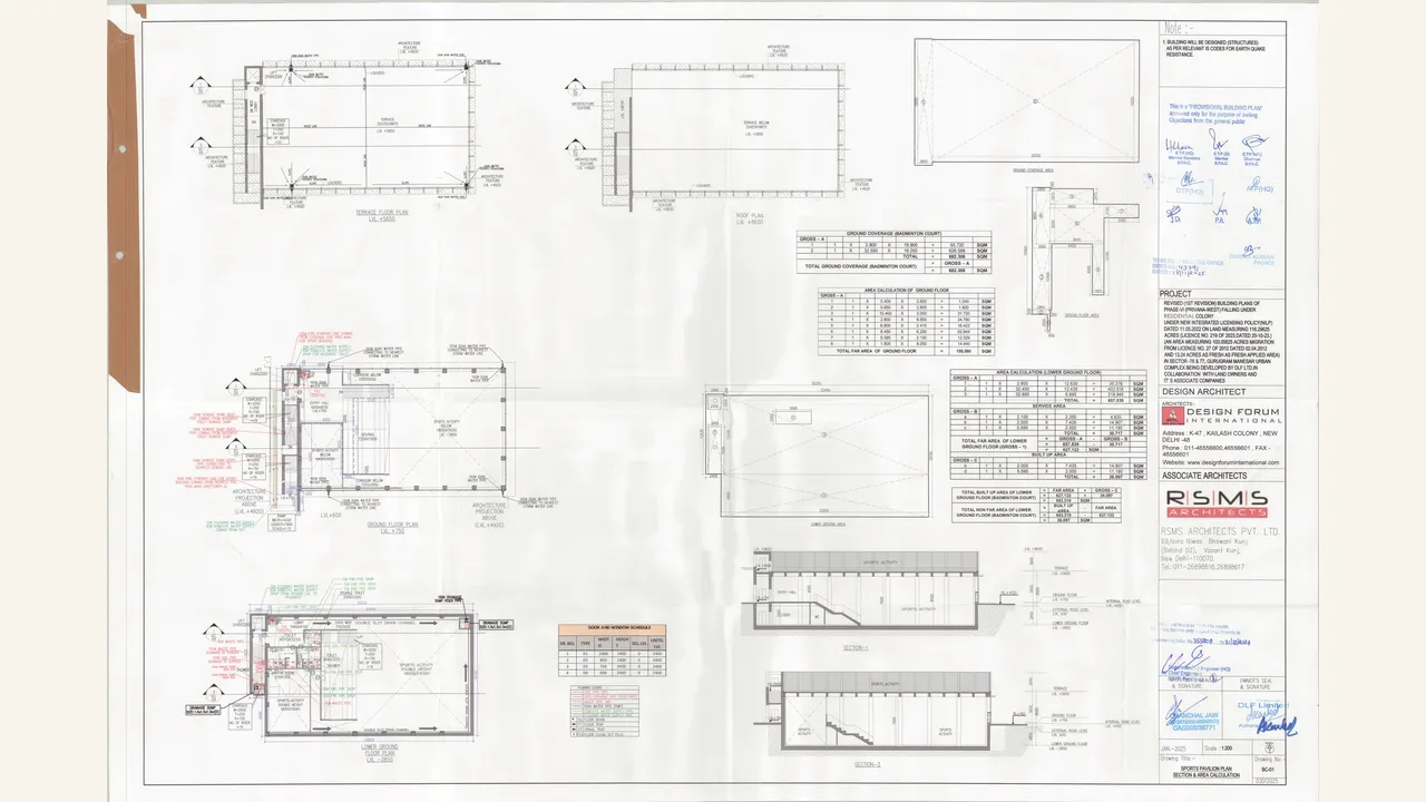 DLF PRIVANA WEST Sports pavillion plan section \u0026 area cal drawing PDF