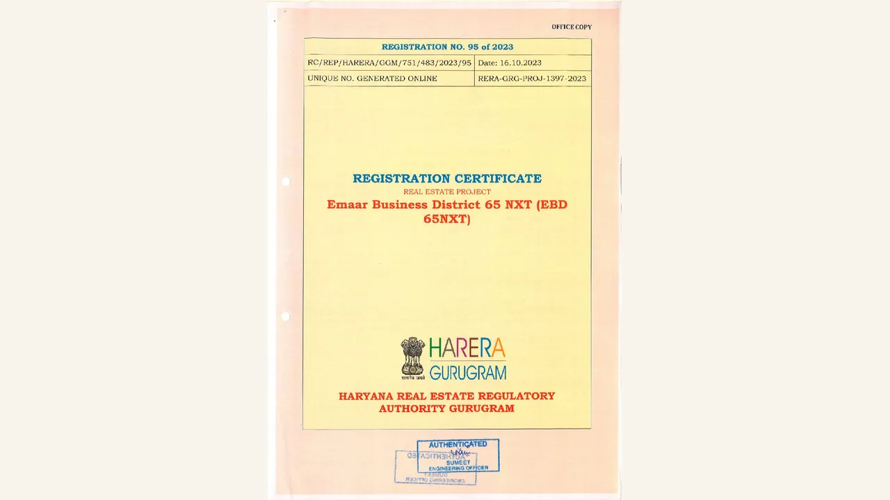HRERA registration certificate for EMAAR BUSINESS DISTRICT 65NXT (EBD 65NXT)