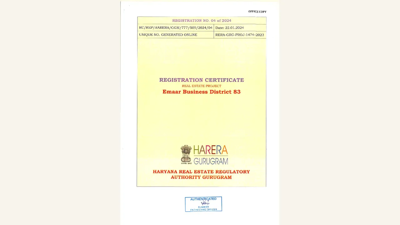 EMAAR BUSINESS DISTRICT 83 hrera registration certificate shown in the completed visual audit