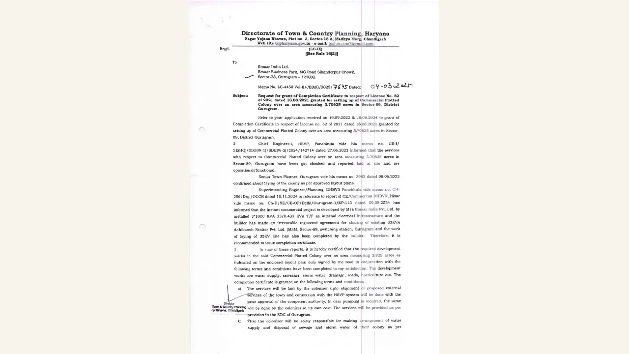 Authority completion certificate for Emaar Business District 89