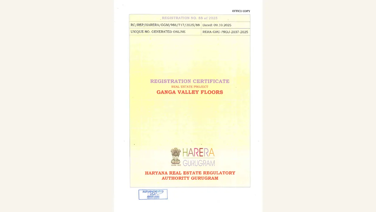 Rendered HRERA registration certificate pages visibly name GANGA VALLEY FLOORS and registration GGM/985/717/2025/88.