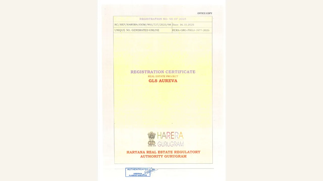 The rendered 8-page registration certificate visibly names GLS AUREVA, AAR HOUSING PVT LTD, registration GGM/995/727/2025/98, RERA-GRG-1977-2025 and the Khaika/Sohna project context.
