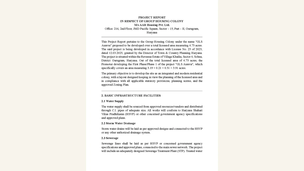 The rendered 7-page HRERA upload labelled “PROJECT REPORT WITH BROUCHREE” visibly contains project report and marketing brochure material in the GLS AUREVA Form REP-I filing for Village Khaika, Sector 4, Sohna. The visual page set was reviewed directly; the authority label was not treated as evidence by itself.