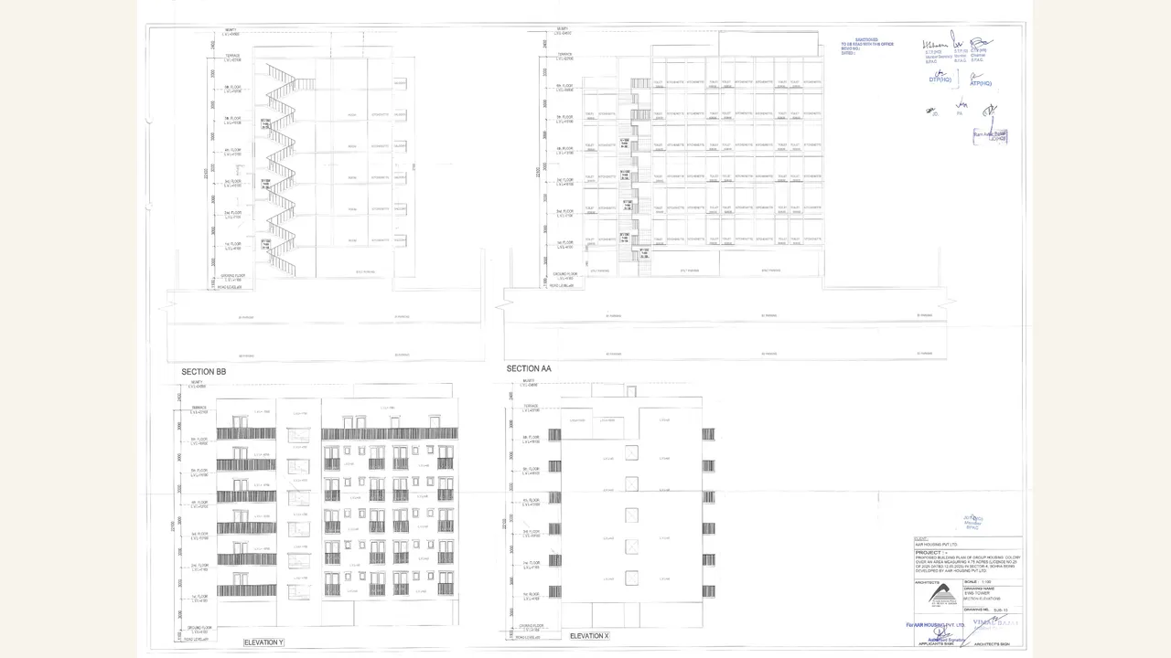 The rendered 1-page HRERA upload labelled “EWS SECTION AND ELEVATION” visibly contains architectural section/elevation drawing material in the GLS AUREVA Form REP-I filing for Village Khaika, Sector 4, Sohna. The visual page set was reviewed directly; the authority label was not treated as evidence by itself.