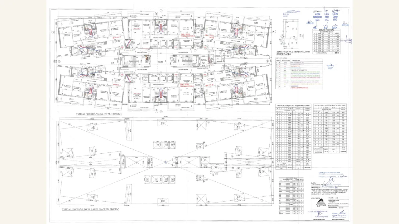 The rendered 1-page HRERA upload labelled “TYPICAL FLOOR 3 TO 7 TOWER C” visibly contains architectural floor plan material in the GLS AUREVA Form REP-I filing for Village Khaika, Sector 4, Sohna. The visual page set was reviewed directly; the authority label was not treated as evidence by itself.