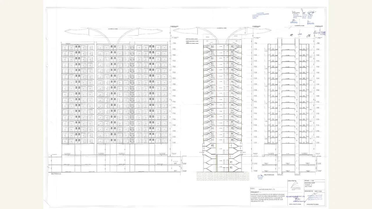 The rendered 1-page HRERA upload labelled “SECTION TOWER C” visibly contains architectural section/elevation drawing material in the GLS AUREVA Form REP-I filing for Village Khaika, Sector 4, Sohna. The visual page set was reviewed directly; the authority label was not treated as evidence by itself.