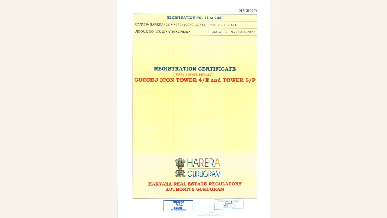 Registration certificate for Godrej Icon Tower 4/E and Tower 5/F