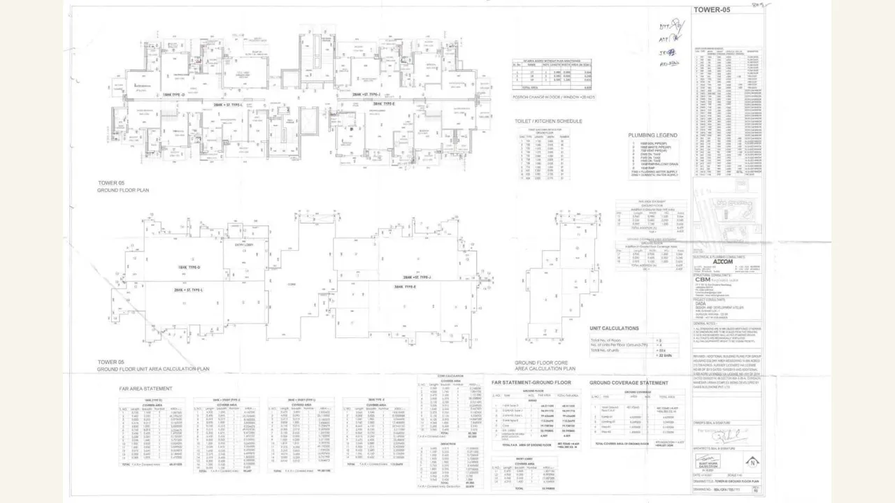 Approved ground-floor and area-calculation plans for Godrej Icon Tower 5